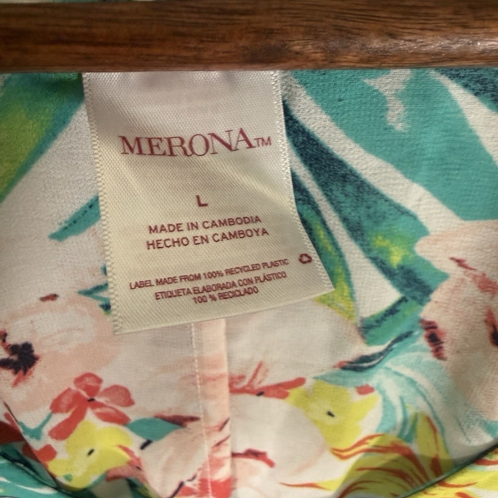 Merona Tropical Pom Pom Trim Floral Cover Up Dress Large Beach Resort Vacation - Picture 3 of 6